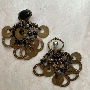 Elegant Black and Bronze Chandelier Clip Earrings